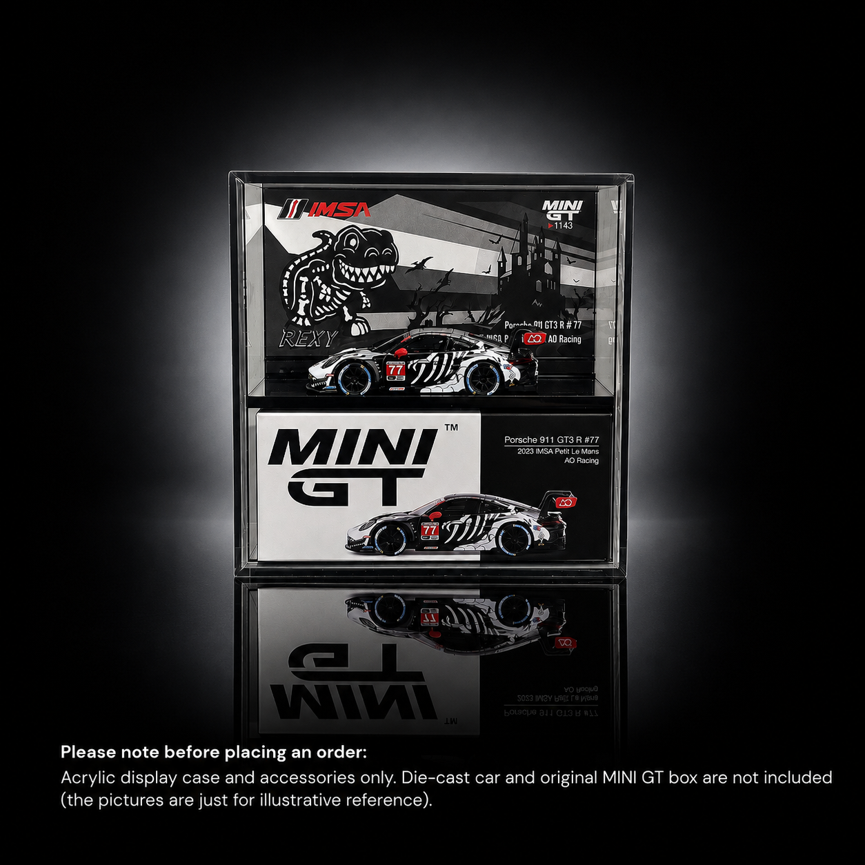MINI GT Porsche Porsche 911 GT3 R #77 Skeleton Rexy Display Case