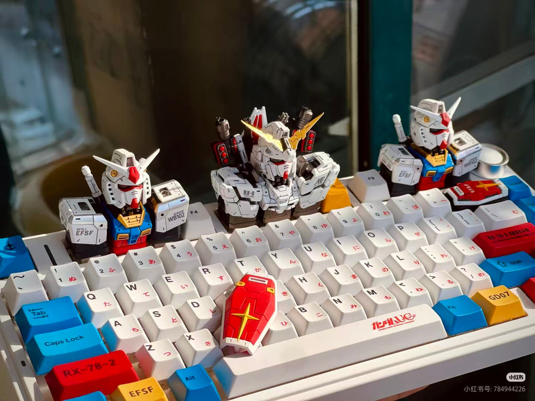 mecha and Gundam-inspired keyboard setup with artisan keycaps