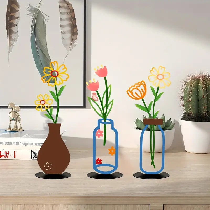 Minimalist 2D Metal Flower Vase Ornament – Desktop & Shelf Decor